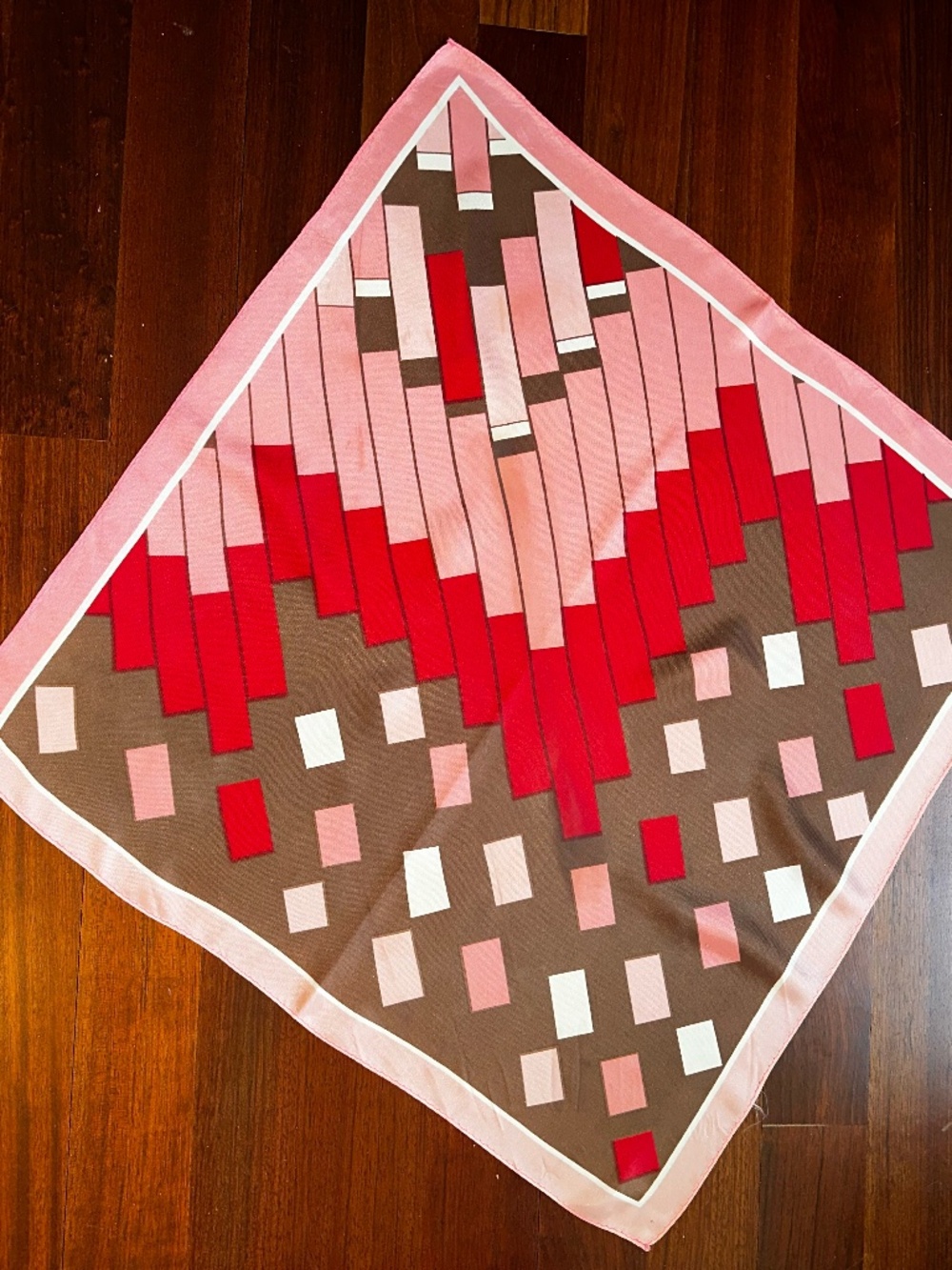 Vntage 70's Mod Geometric Silk Scarf ~ Pink ~ Red ~ Brown